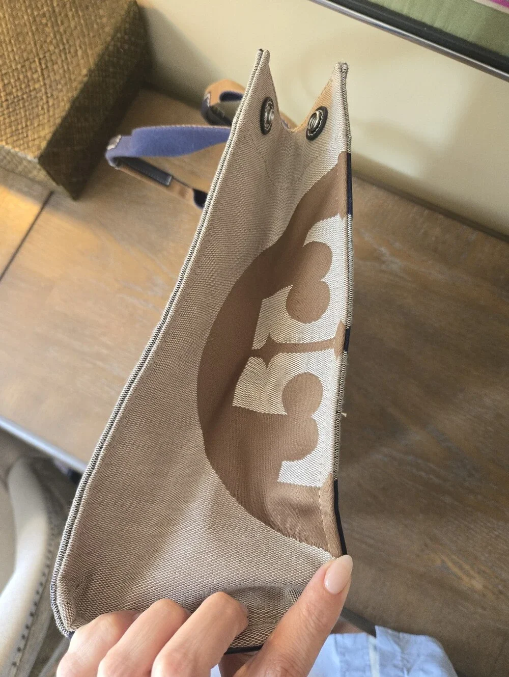 Tory Burch Ella Canvas Logo Tote Natural Navy Tan Double T Bag